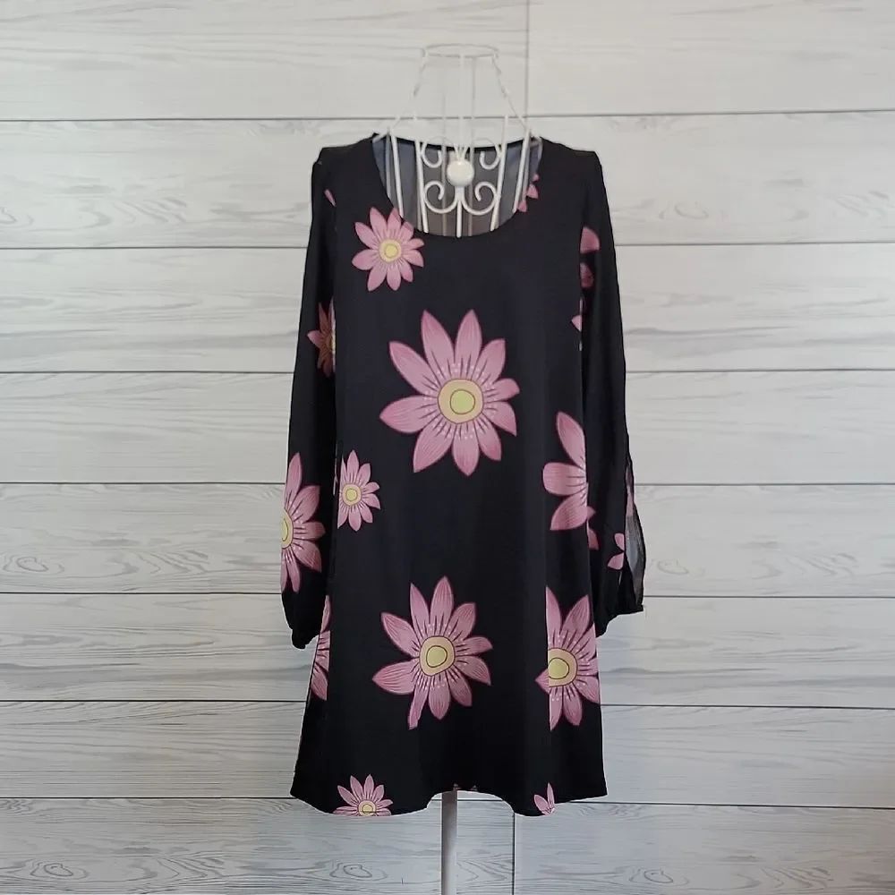 Unbranded Floral Black Mini Dress with Pink Flowers Womens Size S